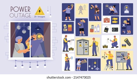 Conjunto de cortes de energía de composiciones aisladas planas con electricistas profesionales que realizan trabajos de mantenimiento con personajes de clientes ilustración vectorial