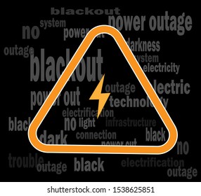power outage. triangular electricity sign on black background with text. blackout. vector