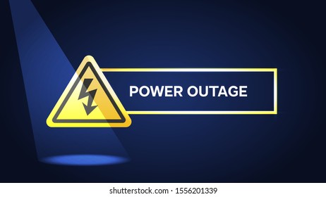 Power outage, warning poster on blue background with warning sign and flash light. Vector illustration template