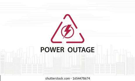 Power outage, warning red line sign with triangular icon of electricity and line silhouette of city on background, white illustration