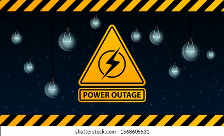 Power outage, yellow warning logo on the background of starry sky and dull light bulbs