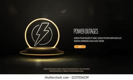 Cortes de energía, afiche negro con el logo de advertencia de neón dorado en el podio de oro con anillo de neón amarillo en el fondo.