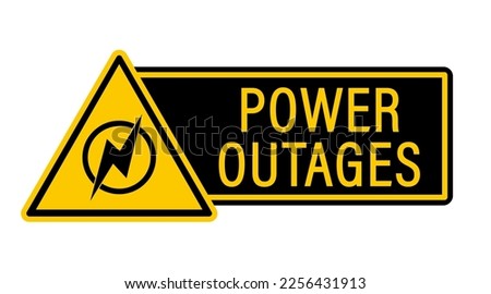 Power outages. Yellow triangle warning sign with symbol and text by side.