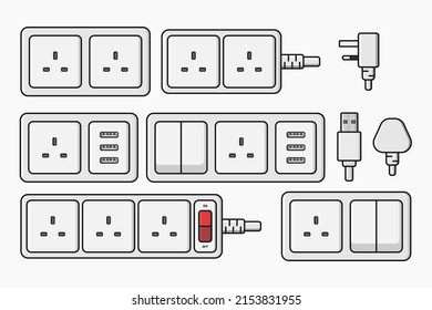 power outlet plug electric socket type g switcher set vector flat illustration