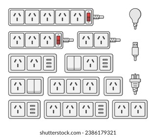 power outlet plug extension stip switch chinese type i set vector flat illustration