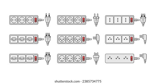 power outlet plug extension strip world standards french sweiss set vector flat illustration