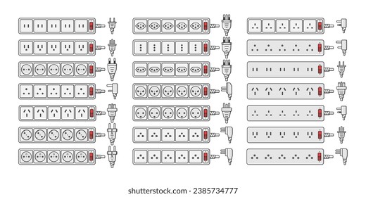 power outlet plug extension strip world standards set vector flat illustration