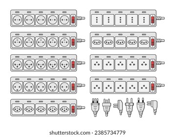power outlet plug extension strip world standards french sweiss set vector flat illustration