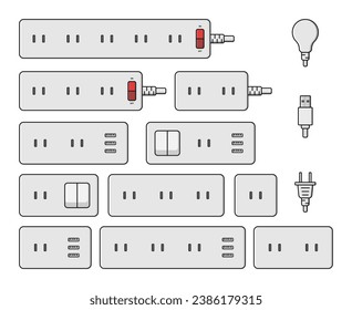 power outlet plug extension strip switch type a set vector flat illustration