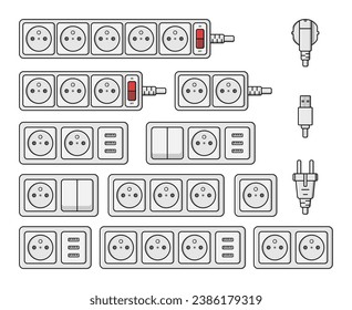 power outlet plug extension strip switch french type e set vector flat illustration