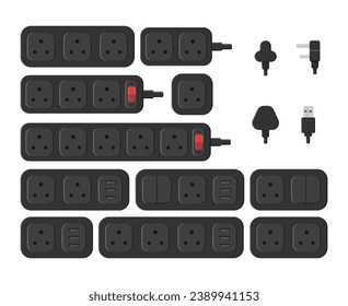 power outlet plug extension strip switch indian type d set vector flat illustration