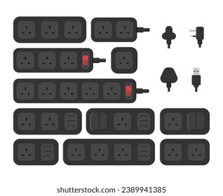 power outlet plug extension strip switch british type g set vector flat illustration