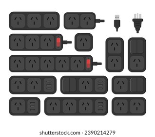 power outlet plug extension strip switch australian chinese type i set vector flat illustration