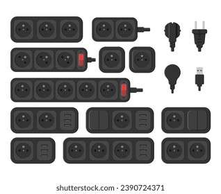 power outlet plug extension strip switch french type e set vector flat illustration