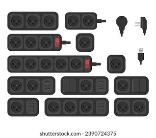 power outlet plug extension strip israeli type h set vector flat illustration