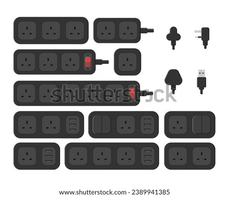 power outlet plug extension strip switch british type g set vector flat illustration
