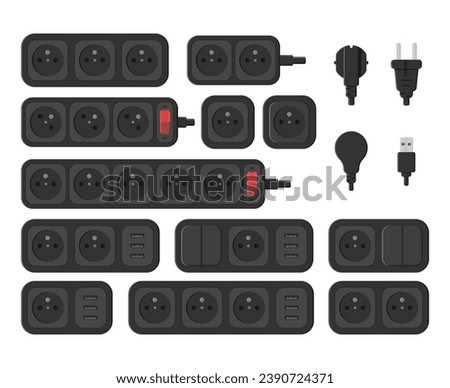 power outlet plug extension strip switch french type e set vector flat illustration