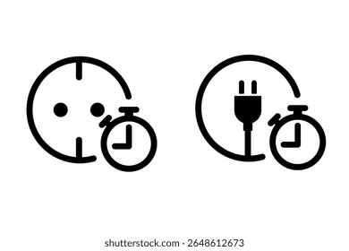 Tomada e plugue com conjunto de ícones de temporizador, representando o gerenciamento de energia programado, soluções de energia inteligentes, automação e conceitos de eficiência elétrica
