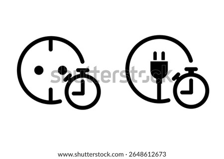 Power outlet and plug with timer icon set, representing scheduled power management, smart energy solutions, automation, and electrical efficiency concepts
