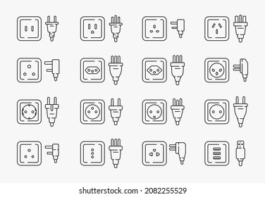 power outlet plug world standards line icons set vector flat illustration