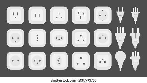 power outlet plug world standards shape icons set vector flat illustration