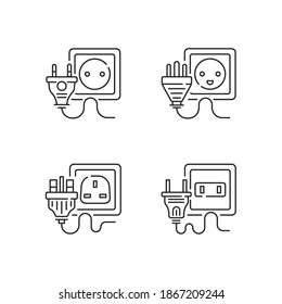 Power outlet types linear icons set. European plug socket. Unplug electrical device cable. Customizable thin line contour symbols. Isolated vector outline illustrations. Editable stroke