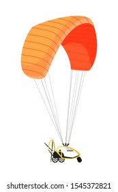 Power paraglider flat vector illustrations. Ultralight aircraft with engine and parachute isolated on white background. Extreme recreation, adventure sport, paramotoring hobby equipment