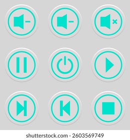 Power, Pause, Play, Stop, Next track, Previous track and Volume up, down, mute buttons. These are all vector buttons, easy to edit.  