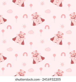 Power pig pink cartoon so cute. On rainbow balloon cloud sun pink background. Pattern seamless vector illustration. 
