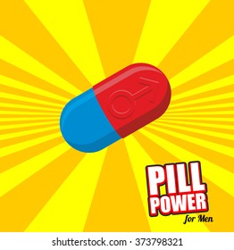 Power pill for men. Color Tablet for potency. Impotence treatment drugs. Red pill with male.