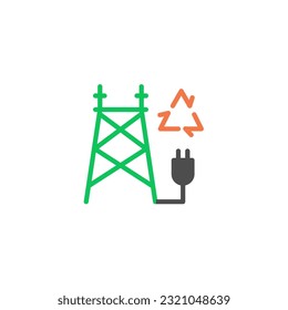 Power plan tower and plug with cycle. Vector solid color icon green and orange with green eco energy theme