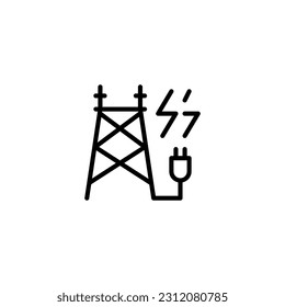 Power plan tower and plug with thunder electric. Vector line icon black and white with green eco energy theme