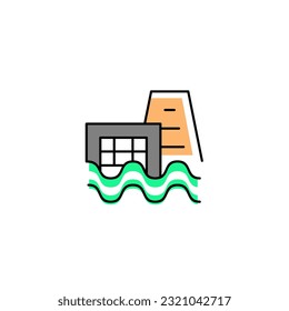 Energieplan mit Wasserenergie. Vektorgrafik-Farbsymbol grün und orange mit grünem Thema "Öko-Energie"