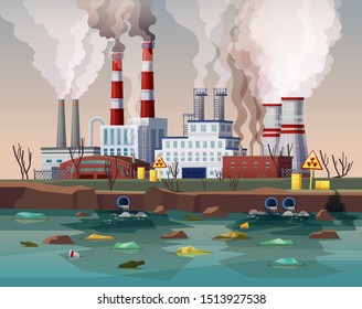 Power plant air smoke pollution or industry factory water disaster. Building with chimney and smog, radioactive or toxic waste, atmosphere contamination. Hazard or disaster, ecological problem