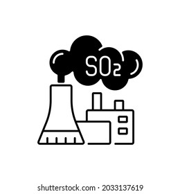Icono lineal negro de la planta de energía. La mayor fuente de SO2 en la atmósfera es la quema de combustibles fósiles por las centrales eléctricas. Símbolo de contorno en el espacio blanco. Ilustración aislada del vector