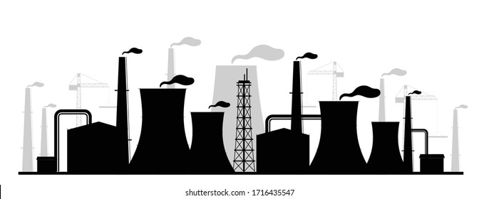 Power plant black silhouette vector illustration. Industrial facility monochrome landscape. Atomic energy station 2d cartoon shape with reactors and chimneys. Air pollution, environment contamination