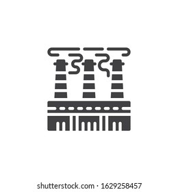 Power plant chimneys with smoke vector icon. filled flat sign for mobile concept and web design. Industrial chimney pollution glyph icon. Symbol, logo illustration. Vector graphics