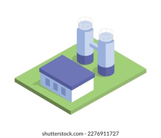 Power plant concept. Alternative energy sources, electricity generation. Two large tanks and reactor next to control building. Poster or banner. Cartoon isometric vector illustration