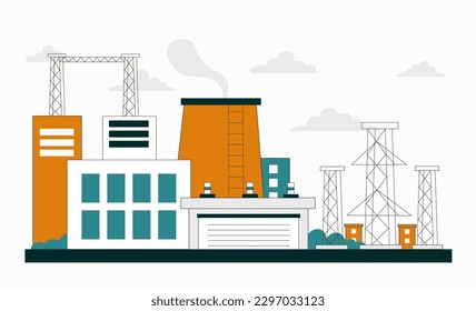 Power plant concept. Production and generation of electricity and energy, oil and gas processing. Manufacturing and factory, industral buildings with smog. Cartoon flat vector illustration