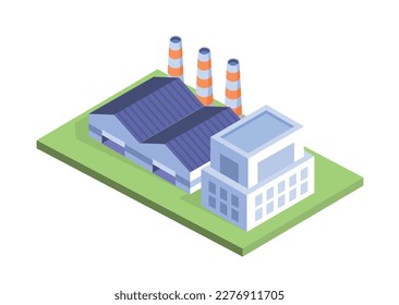 Power plant concept. Three buildings near three large water pipes, cooling system. Template, layout and mock up. Production of electricity. Cartoon isometric vector illustration