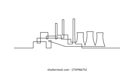 Power plant in continuous line art drawing style. Power station with cooling towers minimalist black linear design isolated on white background. Vector illustration