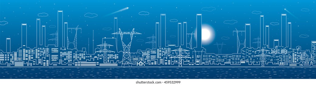 Planta eléctrica, líneas eléctricas, panoramas de energía e industrial, infraestructura, arte de diseño de vectores