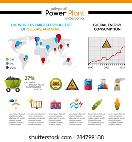 Power plant energy consumption and mineral extraction poligonal infographic isolated vector illustration