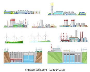 Power plant and energy station building vector icons of nuclear, coal, hydroelectric, wind and thermal energy, electric power industry. Eco wind turbines, water dams, nuclear and coal fired stations