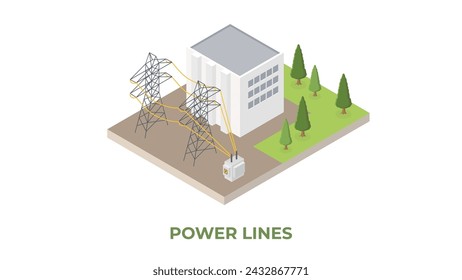 Power plant, energy station, green village supply cycle infographic concept. Flat 3d isometry isometric style web site vector illustration. Ecology eco lifestyle sustainable world collection.