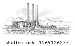 Power plant engraving style illustration. Industrial landscape drawing, sketch. Vector, sky in separate layer. 