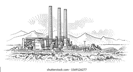 Power plant engraving style illustration. Industrial landscape drawing, sketch. Vector, sky in separate layer. 