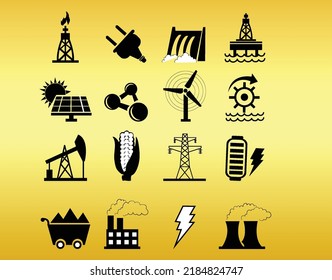 Power plant flat glyph icons set. Energy generation station. Vector illustration alternative renewable energy sources included solar, wind, hydro, tidal, geothermal and biomass energy. Black