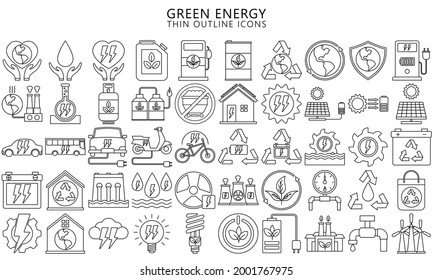 Power plant flat thin line icons set, green Energy, Vector illustration alternative renewable energy sources included solar, wind, hydro, tidal, geothermal and biomass, EPS 10 ready convert to SVG.