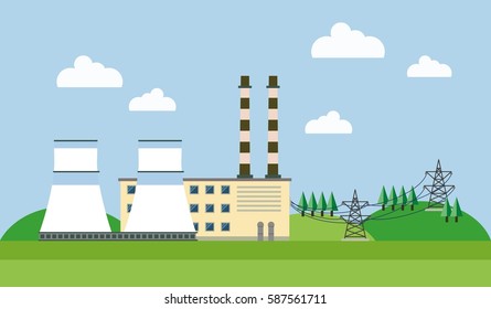 Power plant in a forest and hills. Electric wires. Vector illustration.